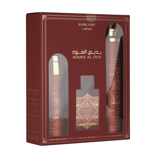 Kit Lattafa Badee Al Oud Vermelho Edp + Air Freshener + Spray 3 Pcs